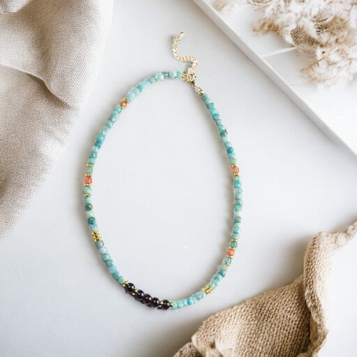 Brazil Amazonite, Sunstone Cubes & Round Garnet Necklace with Stainless Steel Beads & Clasp