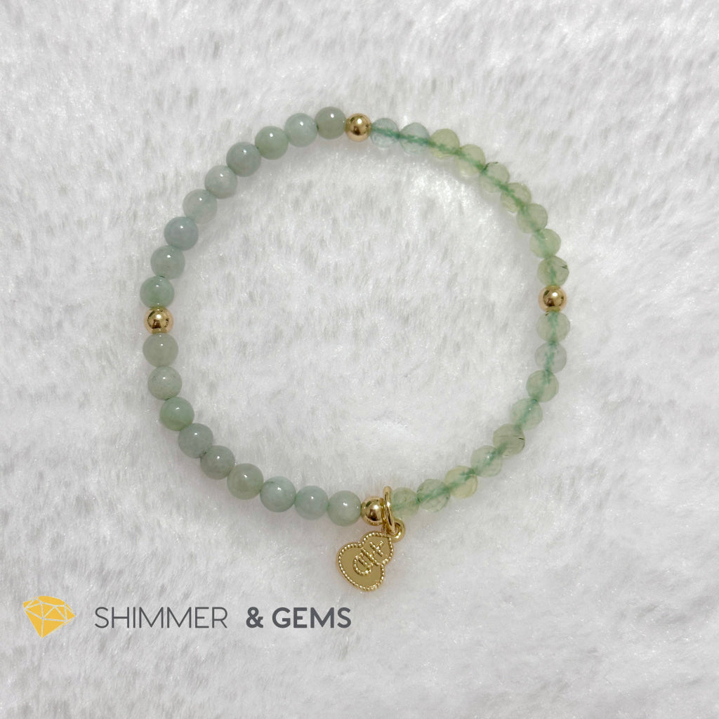 Wealth and Good Health Bracelet (Prehnite, Burma Jade & 14k Goldplated Copper Wu Lou Charm)