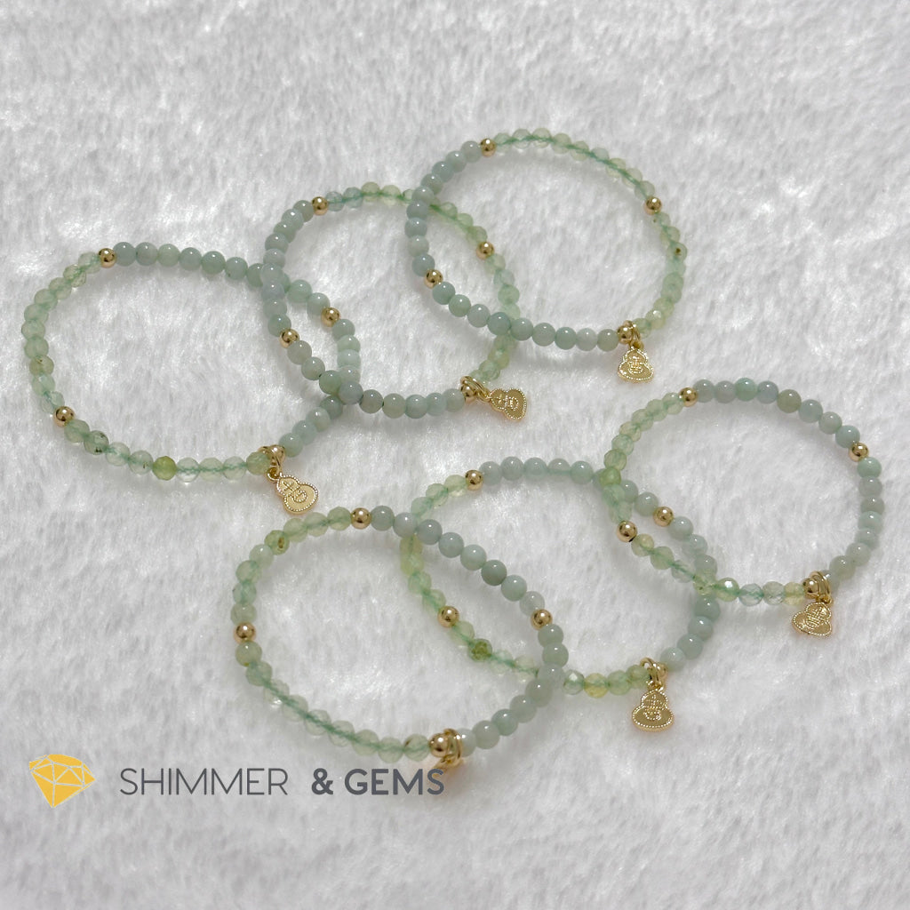 Wealth and Good Health Bracelet (Prehnite, Burma Jade & 14k Goldplated Copper Wu Lou Charm)