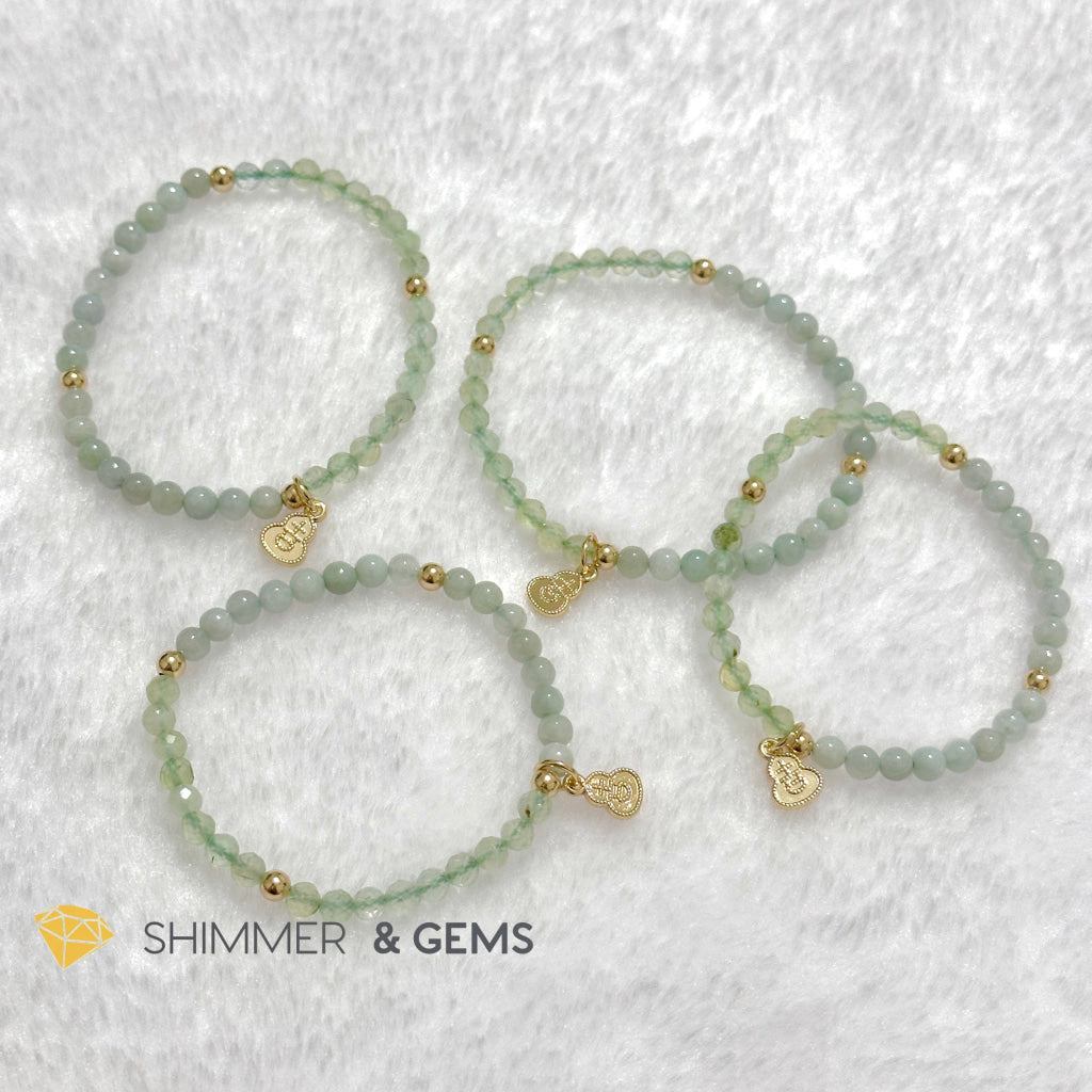 Wealth and Good Health Bracelet (Prehnite, Burma Jade & 14k Goldplated Copper Wu Lou Charm)