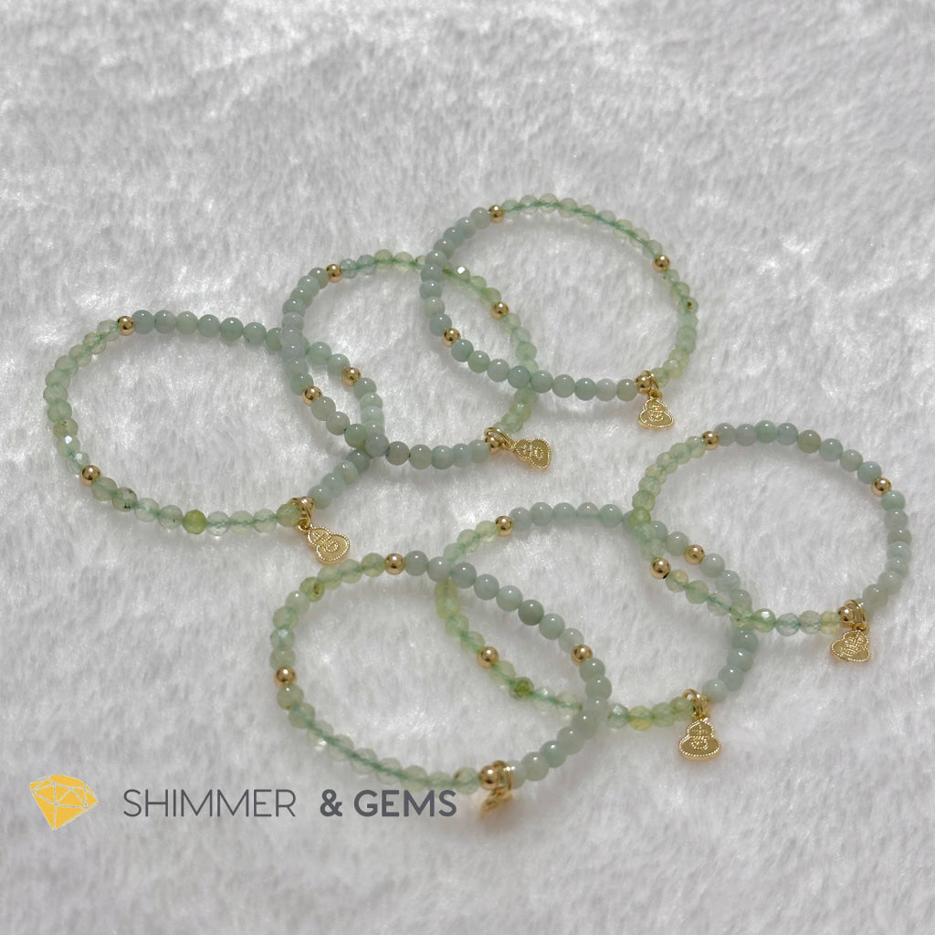 Wealth and Good Health Bracelet (Prehnite, Burma Jade & 14k Goldplated Copper Wu Lou Charm)