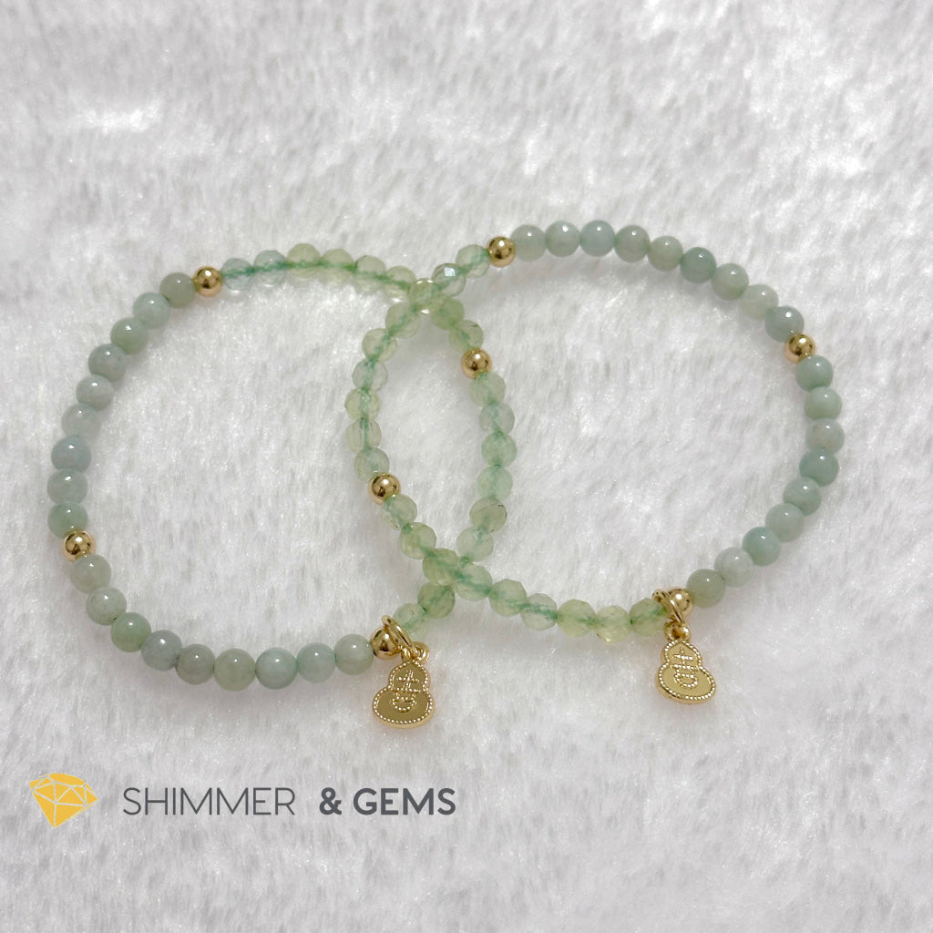 Wealth and Good Health Bracelet (Prehnite, Burma Jade & 14k Goldplated Copper Wu Lou Charm)