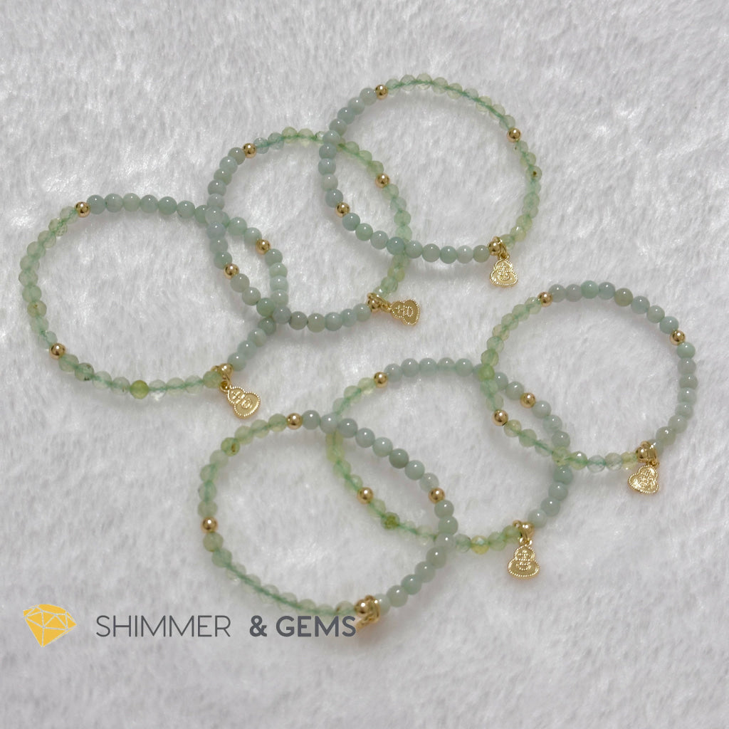 Wealth and Good Health Bracelet (Prehnite, Burma Jade & 14k Goldplated Copper Wu Lou Charm)