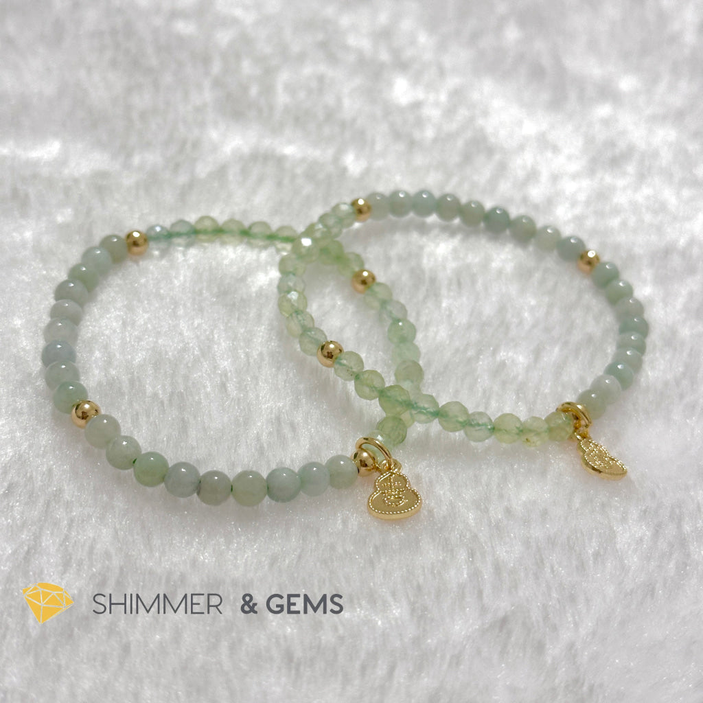 Wealth and Good Health Bracelet (Prehnite, Burma Jade & 14k Goldplated Copper Wu Lou Charm)
