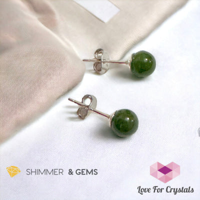 Green Jade Ball Earrings 925 Silver (6mm Russian Nephrite)