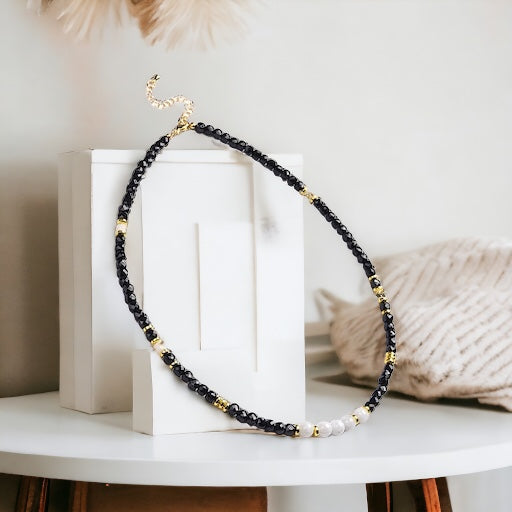 Black Spinel Cube with Opaque Round Moonstone Necklace with Stainless Steel Beads and Clasp
