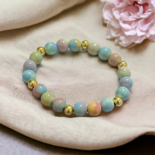 Alashan Agate (Macaron Pastel) 8mm Bracelet with 14k Stainless Steel Beads