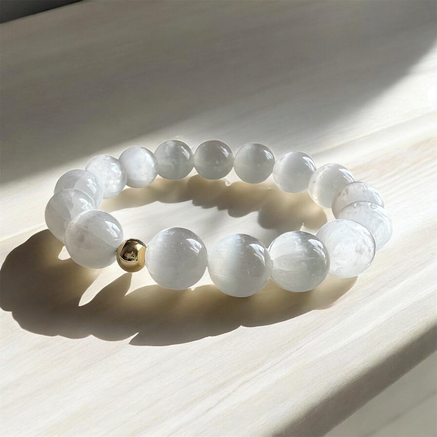 Selenite Bracelet 10mm with 14k gold filled bead