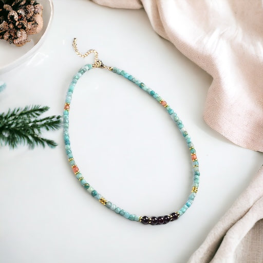 Brazil Amazonite, Sunstone Cubes & Round Garnet Necklace with Stainless Steel Beads & Clasp