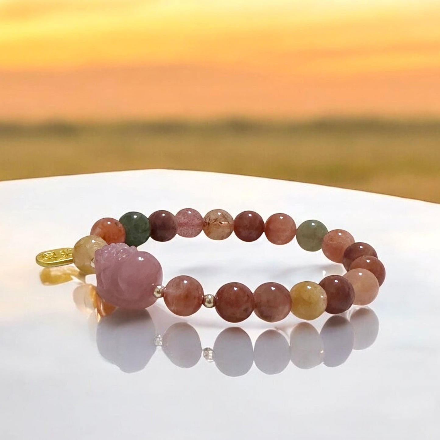 Attract Fortune Mixed Rutilated Quartz Bracelet with Pink Agate Pixiu, 14k gold beads and Copper Charm