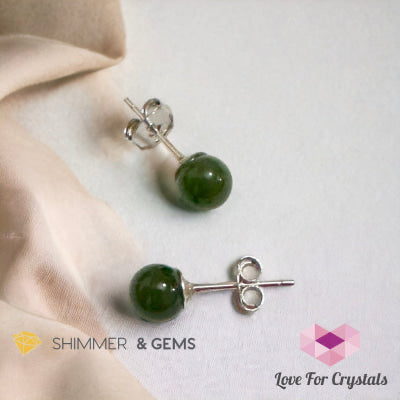 Green Jade Ball Earrings 925 Silver (6mm Russian Nephrite)