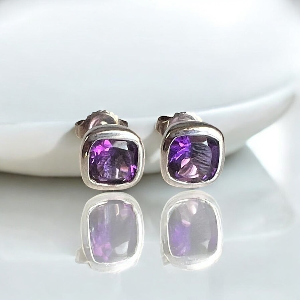 Amethyst 8mmx8mm Square Earrings- 925 Silver