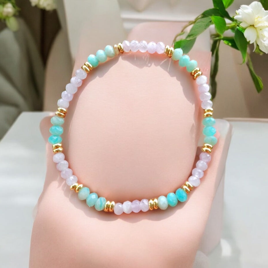 Healthy Heart Bracelet (Amazonite & Kunzite 3x4mm Rondelle) with Stainless Steel Beads