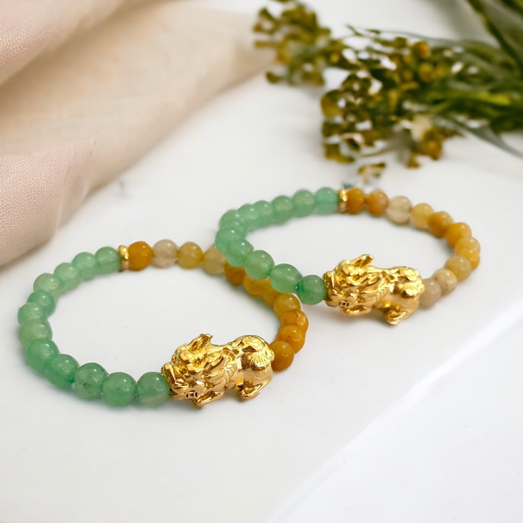 Double Good Luck Pixiu Bracelet (Stainless Steel) Aventurine and Yellow Jade 6mm