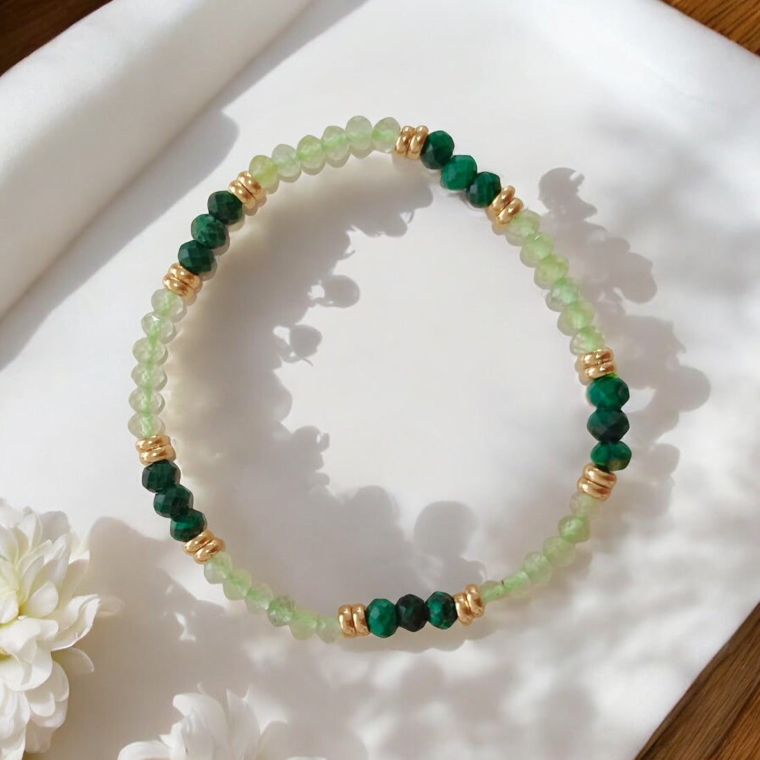 Abundance Alignment Bracelet (Prehnite & Malachite 3x4mn Rondelle) with Stainless Steel Beads