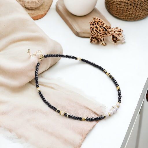 Black Spinel Cube with Opaque Round Moonstone Necklace with Stainless Steel Beads and Clasp