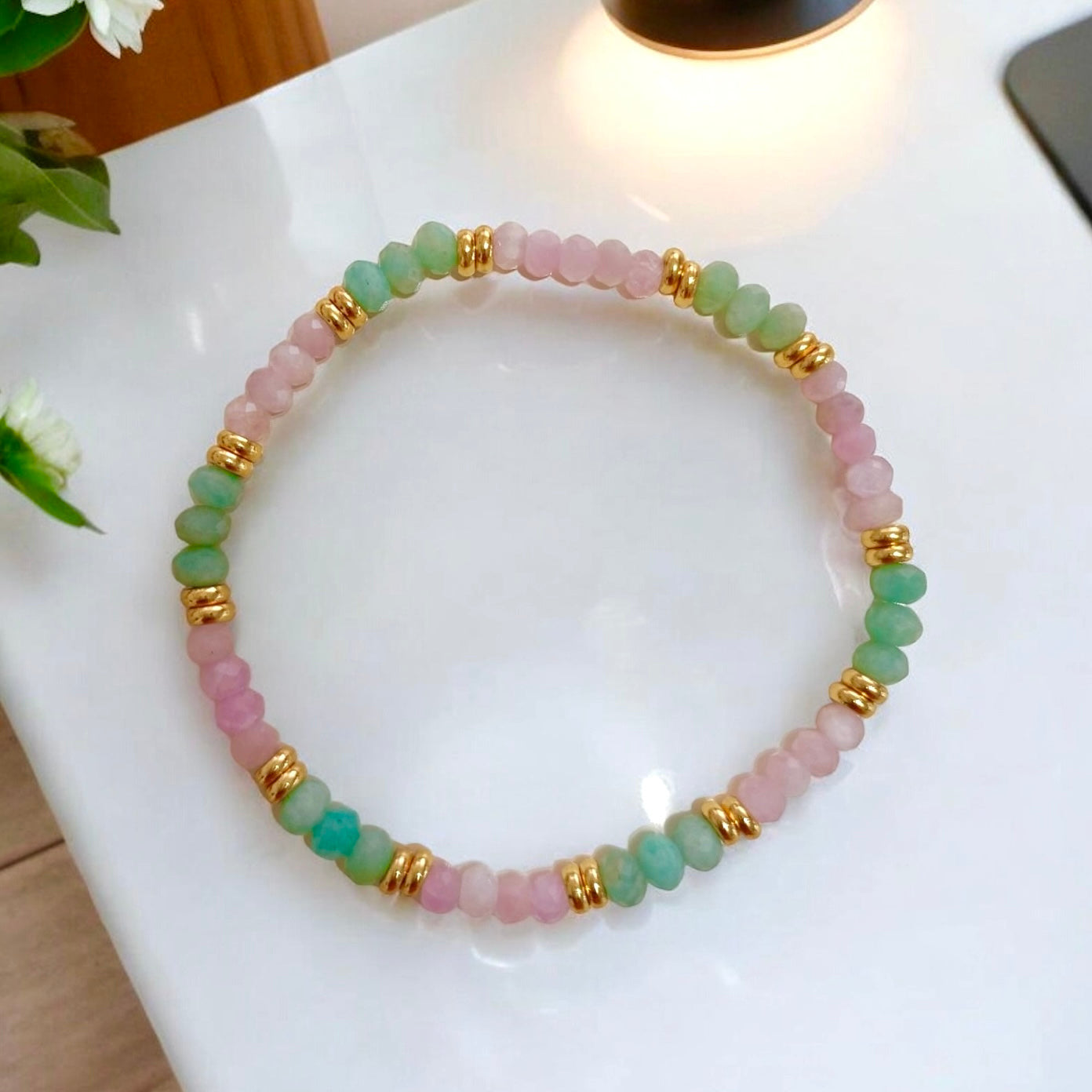 Healthy Heart Bracelet (Amazonite & Kunzite 3x4mm Rondelle) with Stainless Steel Beads