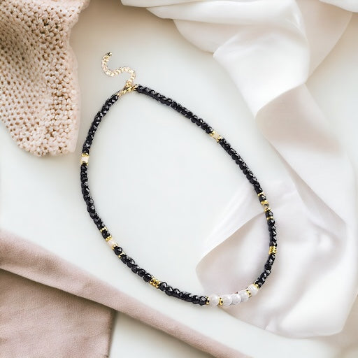 Black Spinel Cube with Opaque Round Moonstone Necklace with Stainless Steel Beads and Clasp