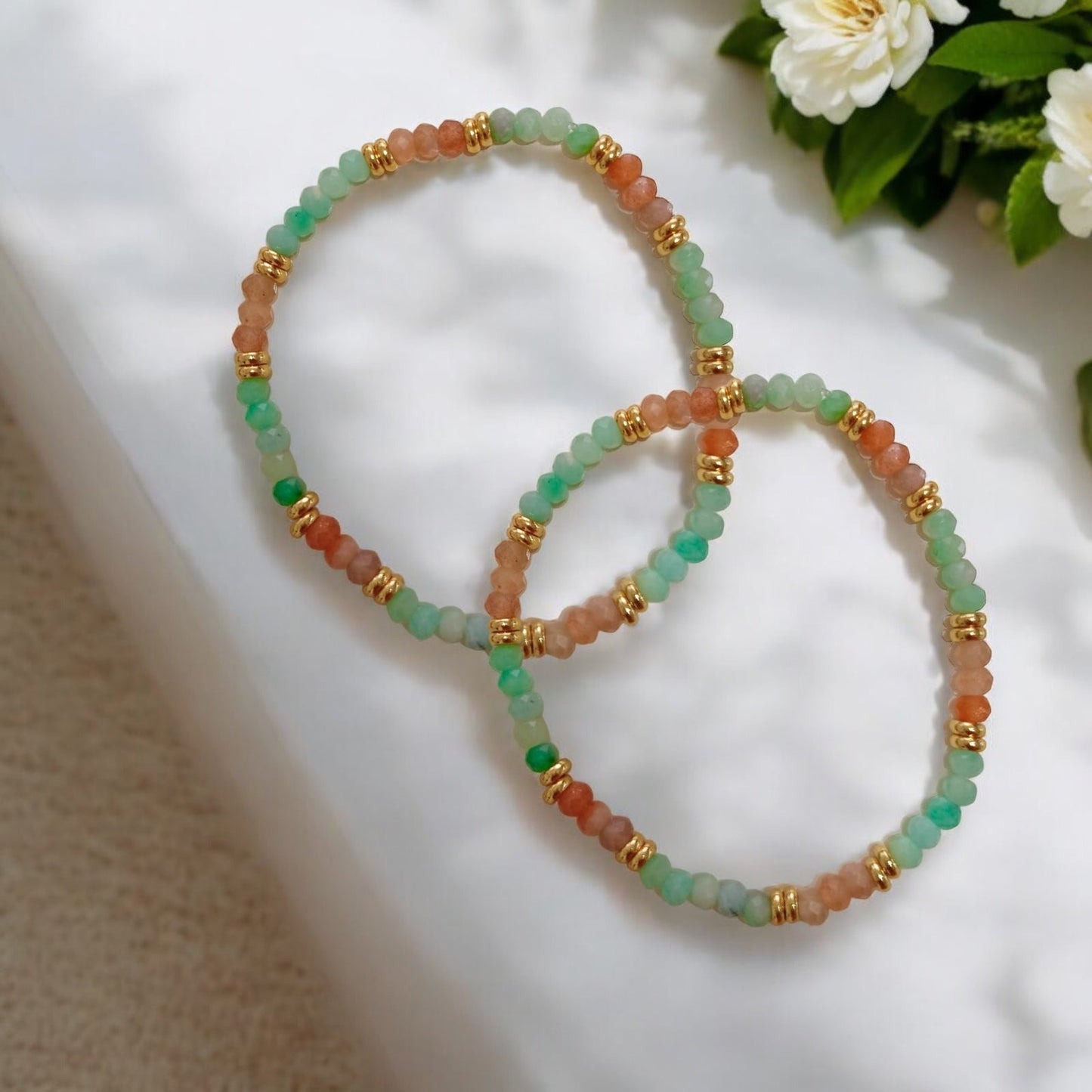 Fortune Booster Bracelet (Gold Spot Sunstone & Emerald 3x4mm Rondelle) with Stainless Steel Beads
