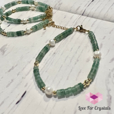 Green Aventurine with Pearl in stainless steel chain (adjustable size)
