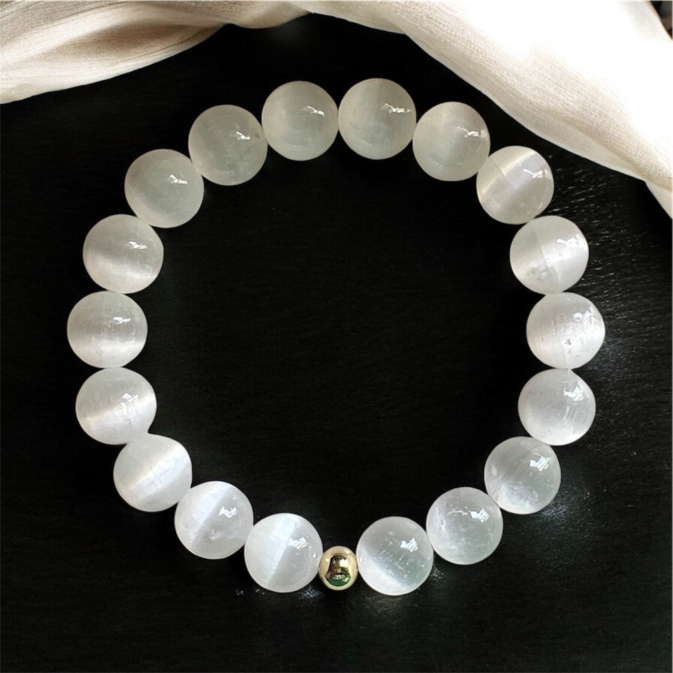 Selenite Bracelet 10mm with 14k gold filled bead
