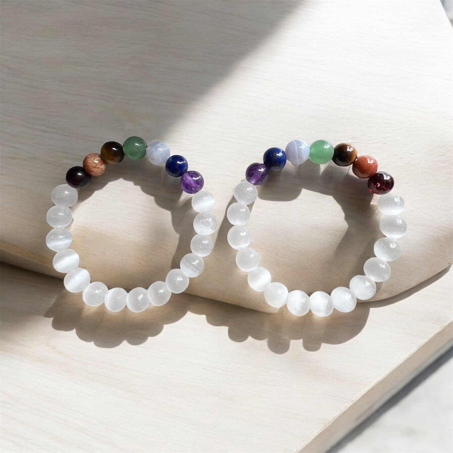 Chakra With Selenite Bracelet 8mm (Lapis-Lazuli, Blue Lace Agate, Citrine, Coral, Amethyst, Garnet, Green Aventurine)