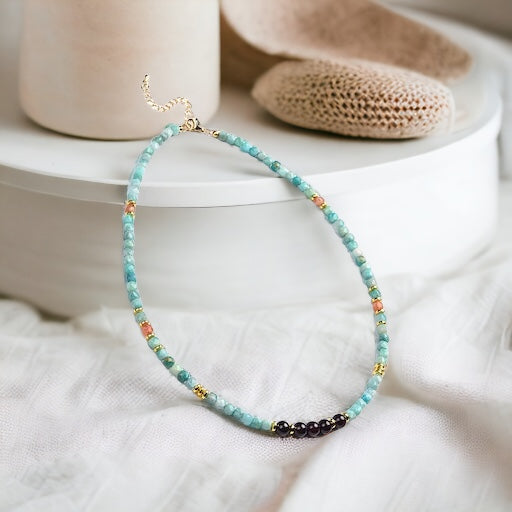Brazil Amazonite, Sunstone Cubes & Round Garnet Necklace with Stainless Steel Beads & Clasp