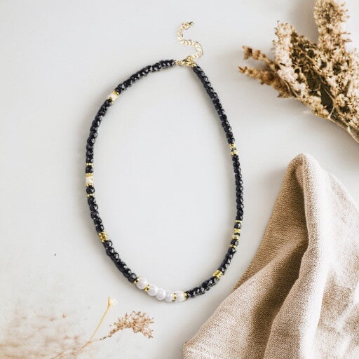 Black Spinel Cube with Opaque Round Moonstone Necklace with Stainless Steel Beads and Clasp