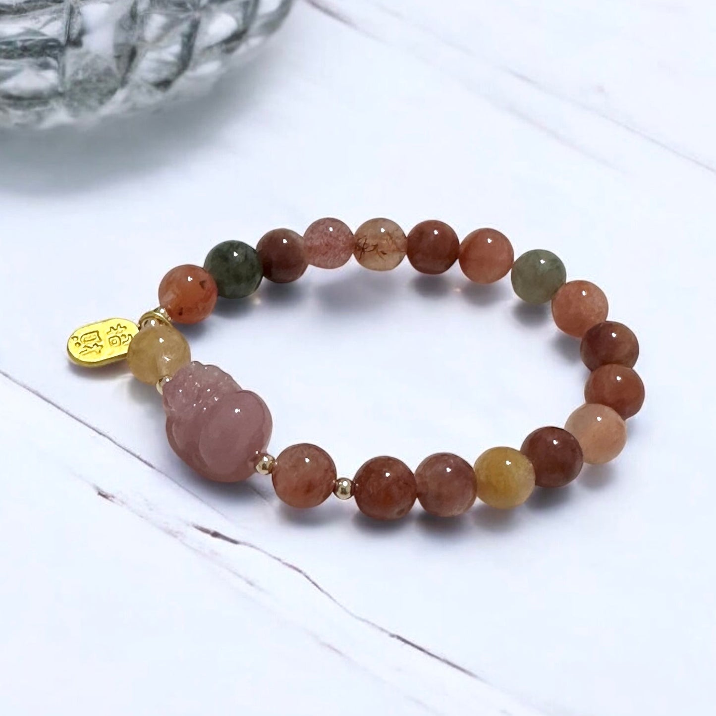 Attract Fortune Mixed Rutilated Quartz Bracelet with Pink Agate Pixiu, 14k gold beads and Copper Charm