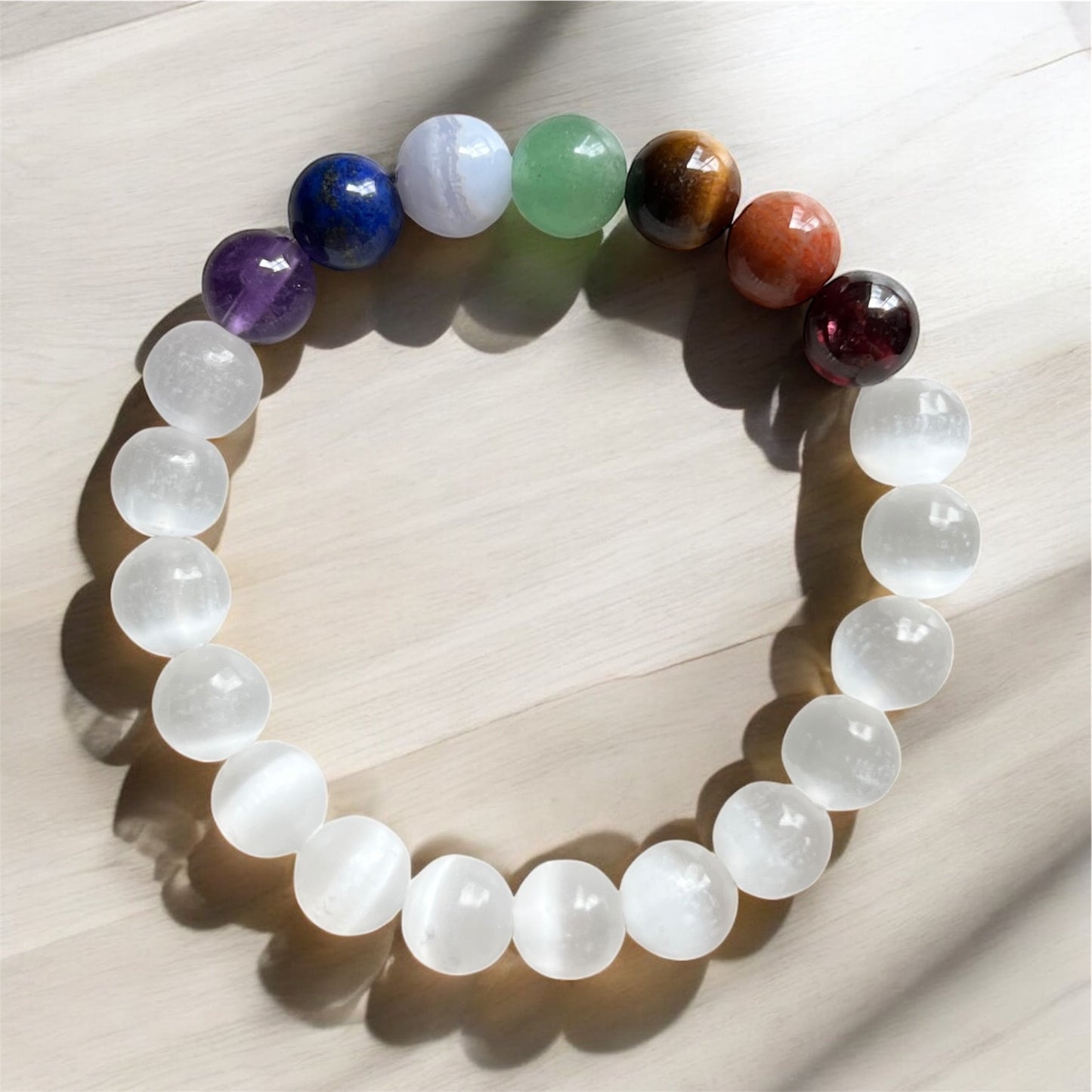 Chakra With Selenite Bracelet 8mm (Lapis-Lazuli, Blue Lace Agate, Citrine, Coral, Amethyst, Garnet, Green Aventurine)