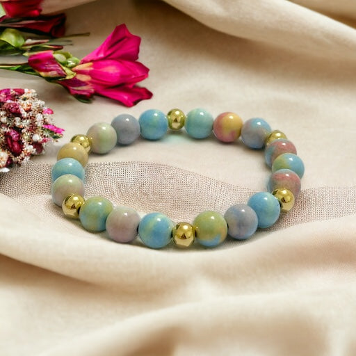 Alashan Agate (Macaron Pastel) 8mm Bracelet with 14k Stainless Steel Beads