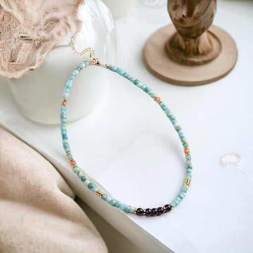 Brazil Amazonite, Sunstone Cubes & Round Garnet Necklace with Stainless Steel Beads & Clasp