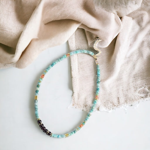 Brazil Amazonite, Sunstone Cubes & Round Garnet Necklace with Stainless Steel Beads & Clasp