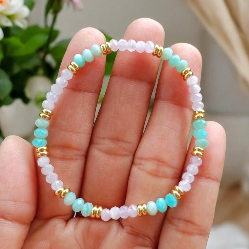 Healthy Heart Bracelet (Amazonite & Kunzite 3x4mm Rondelle) with Stainless Steel Beads
