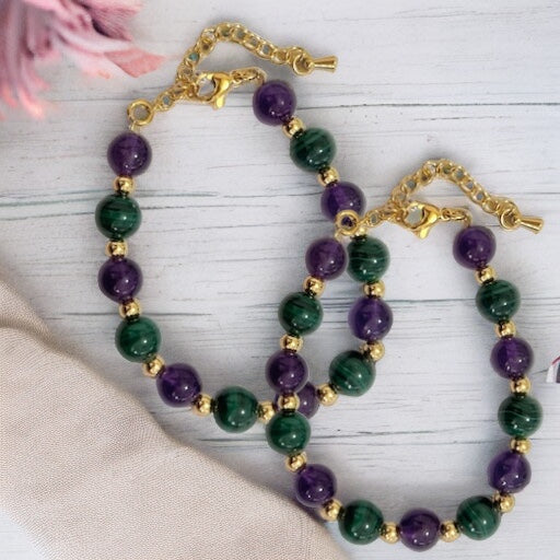 Success Vibes 8mm Bracelet with stainless steel beads and chain (Malachite & Amethyst)