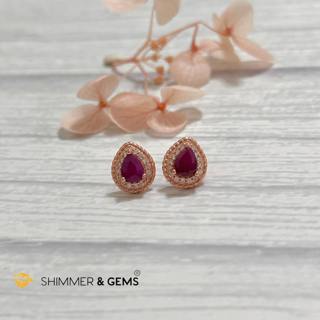 Ruby with Zirconia Pear 925 Silver Earrings (Rose Gold)