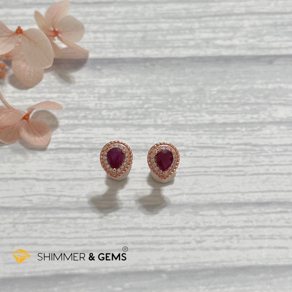 Ruby with Zirconia Pear 925 Silver Earrings (Rose Gold)