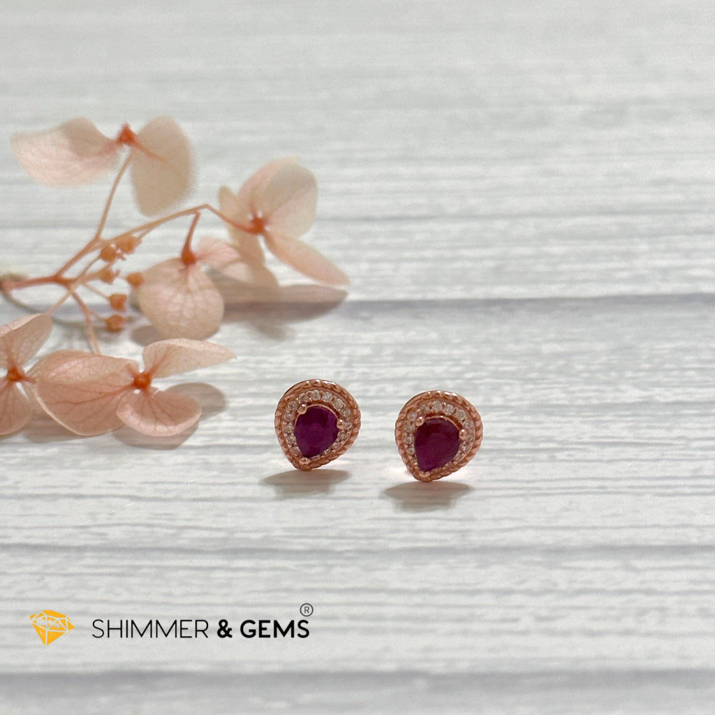 Ruby with Zirconia Pear 925 Silver Earrings (Rose Gold)