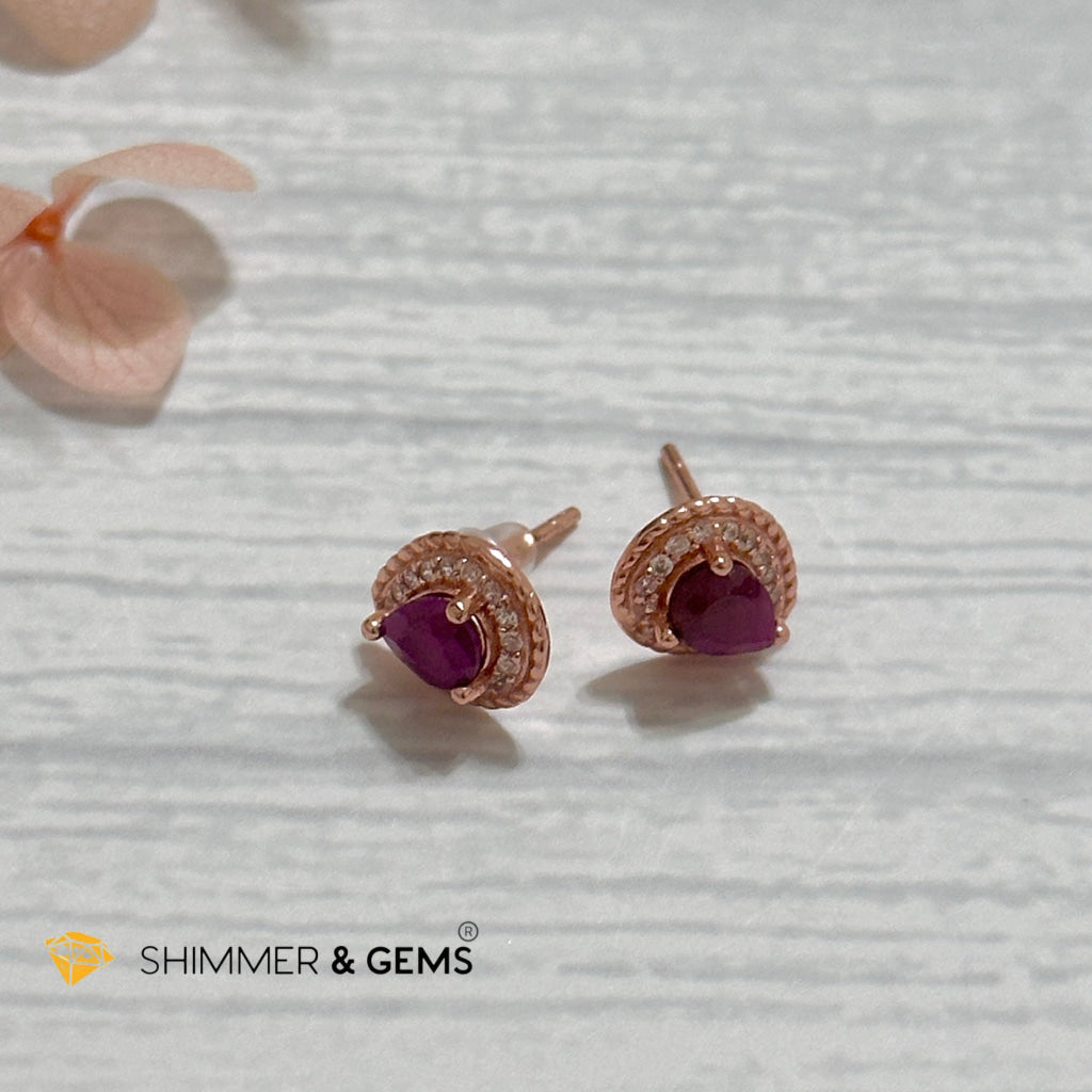 Ruby with Zirconia Pear 925 Silver Earrings (Rose Gold)