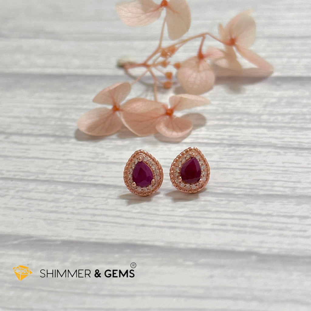 Ruby with Zirconia Pear 925 Silver Earrings (Rose Gold)