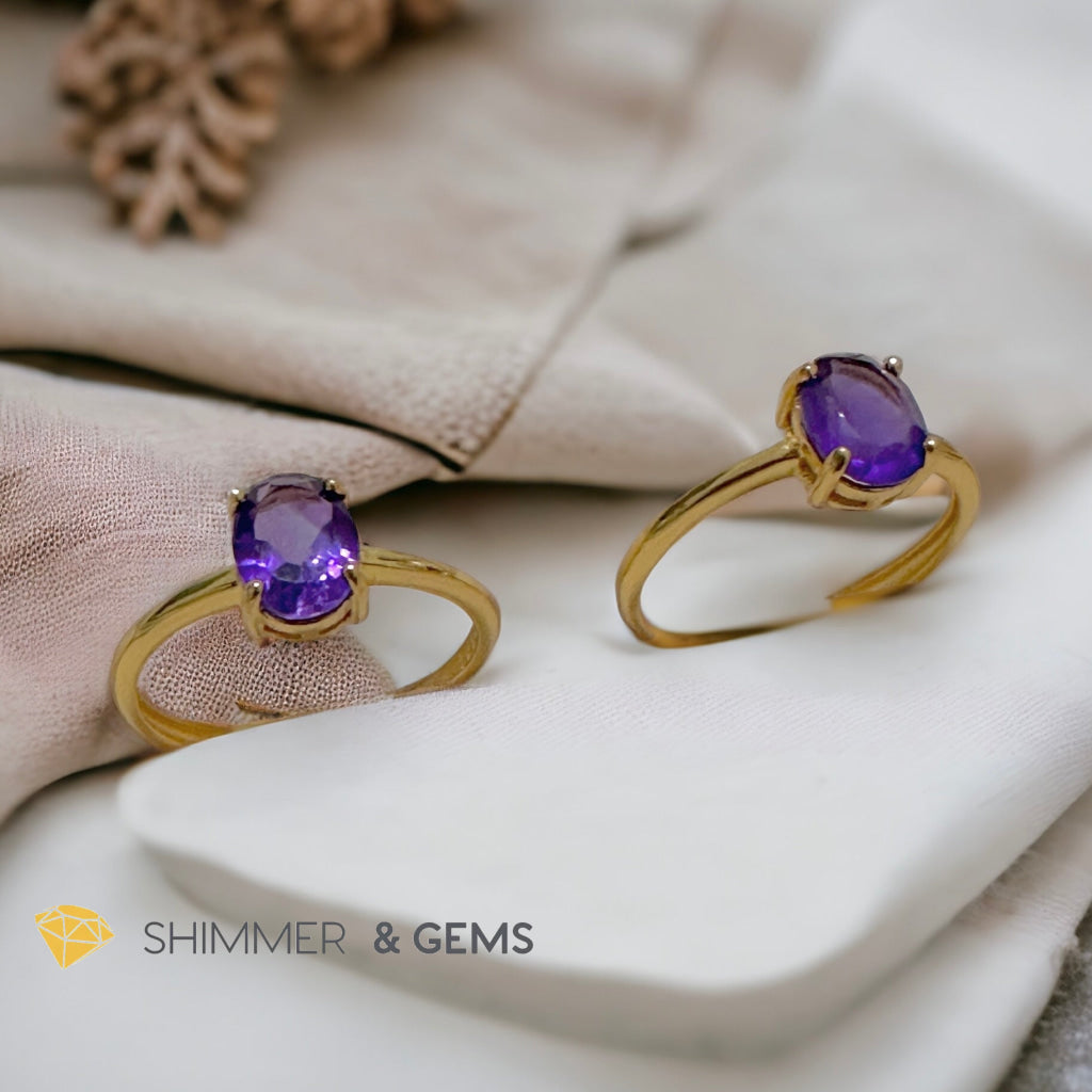 Amethyst 14k Gold Plating 925 Silver Oval Rings (Adjustable Size)