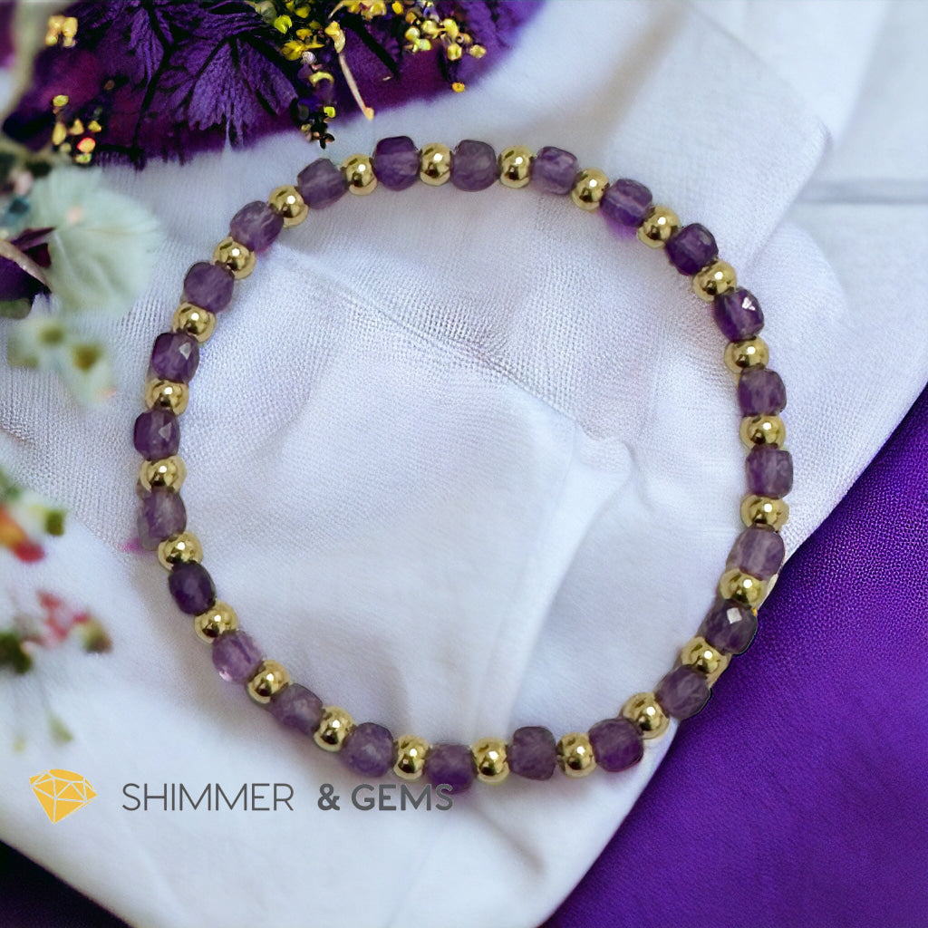 Amethyst Cube (4mm) Bracelet with Stainless Steel Beads