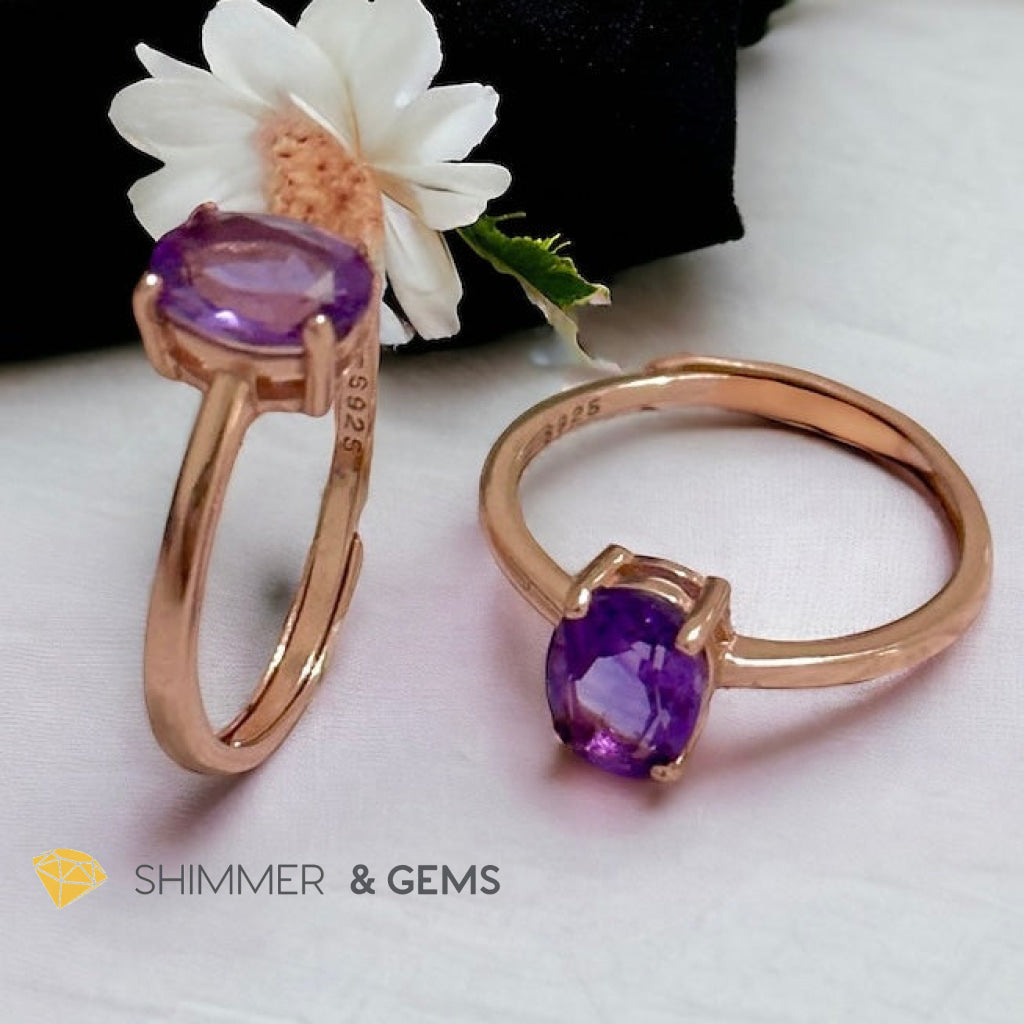Amethyst Rose Gold Oval 925 Silver Ring (Adjustable)