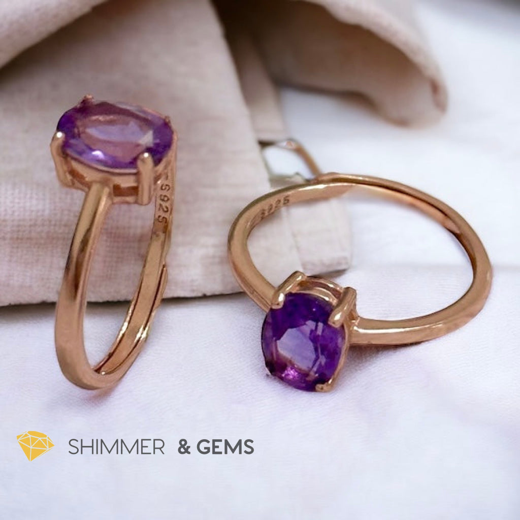 Amethyst Rose Gold Oval 925 Silver Ring (Adjustable)