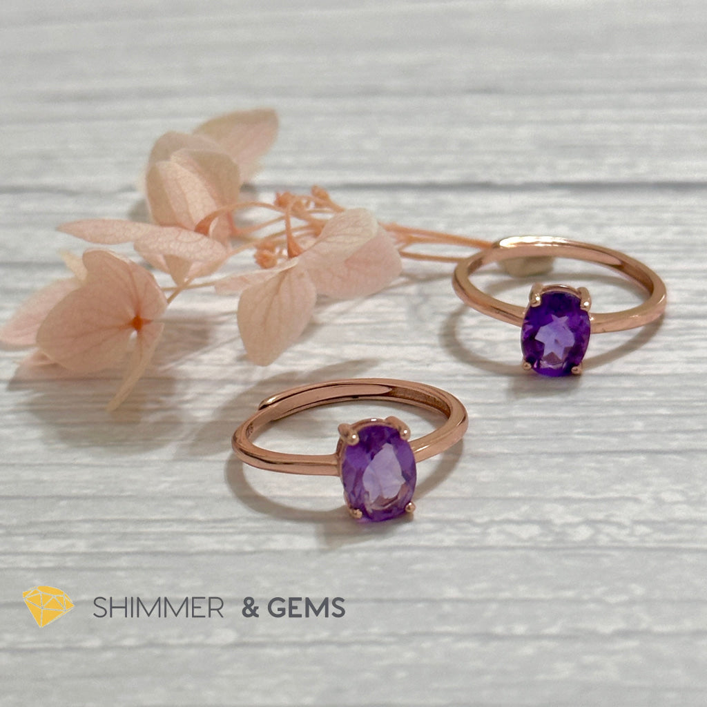 Amethyst Rose Gold Oval 925 Silver Ring (Adjustable)