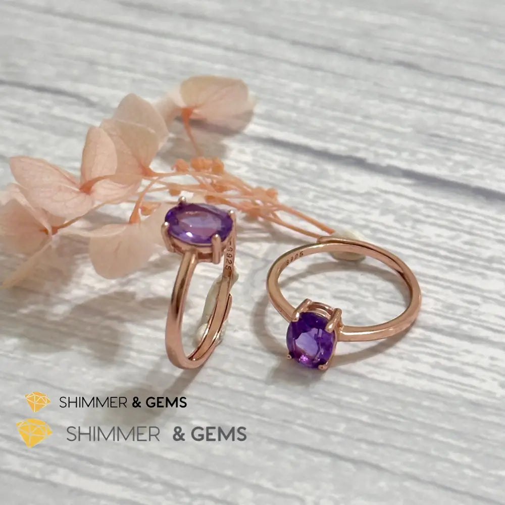 Amethyst Rose Gold Oval 925 Silver Ring (Adjustable) 6x8mm Oval Ring Adjustable Size