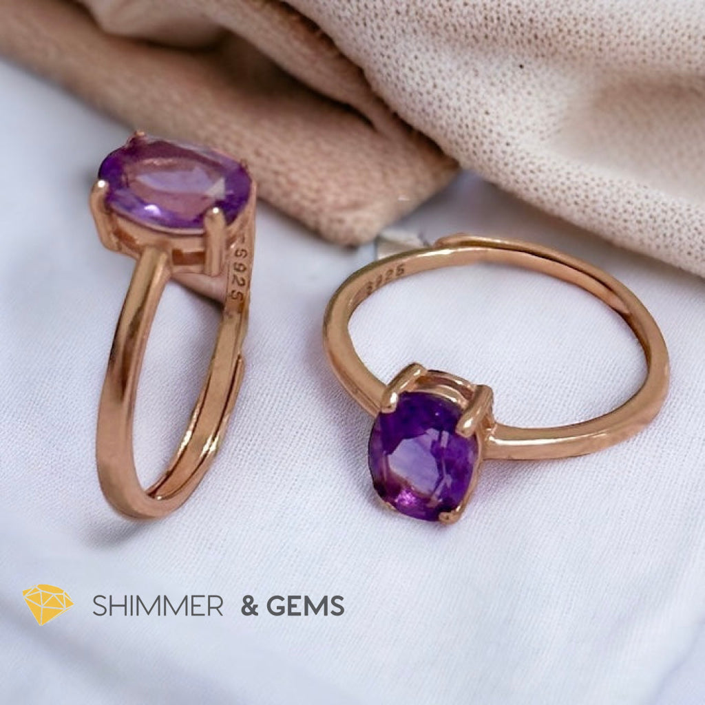 Amethyst Rose Gold Oval 925 Silver Ring (Adjustable)