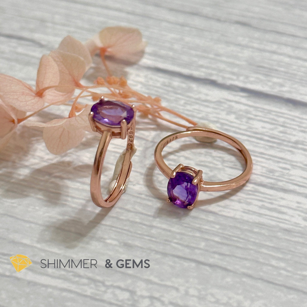Amethyst Rose Gold Oval 925 Silver Ring (Adjustable)