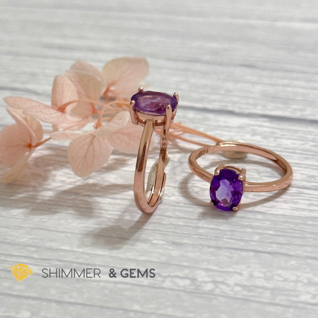 Amethyst Rose Gold Oval 925 Silver Ring (Adjustable)