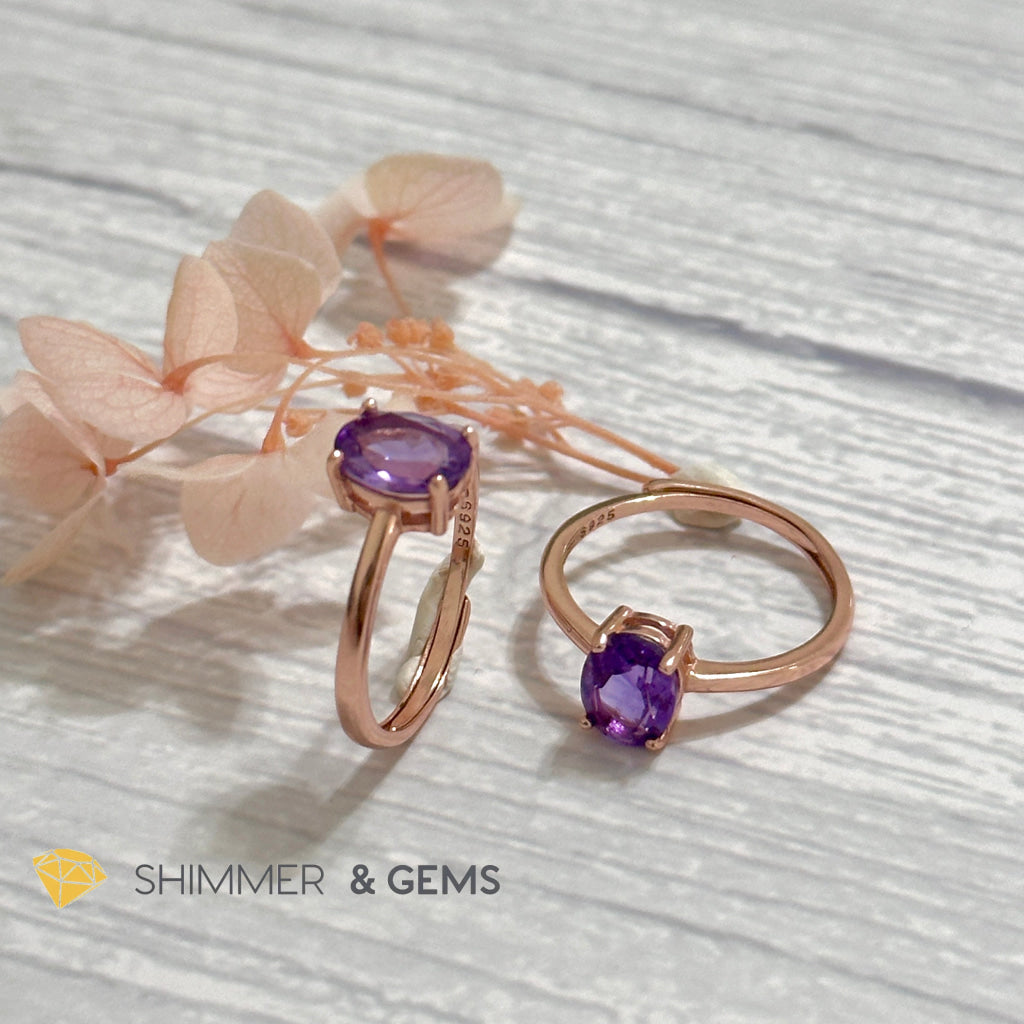 Amethyst Rose Gold Oval 925 Silver Ring (Adjustable)